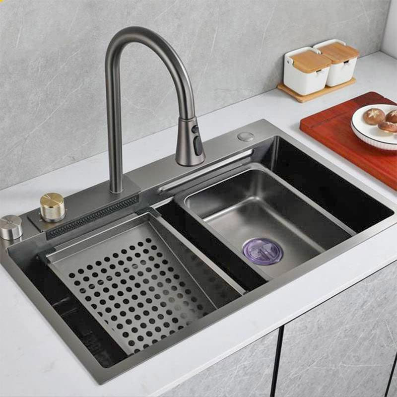Waterfall Kitchen Sink With Digital Temperate Gauge And Auto Cup Cleaner Sprayer