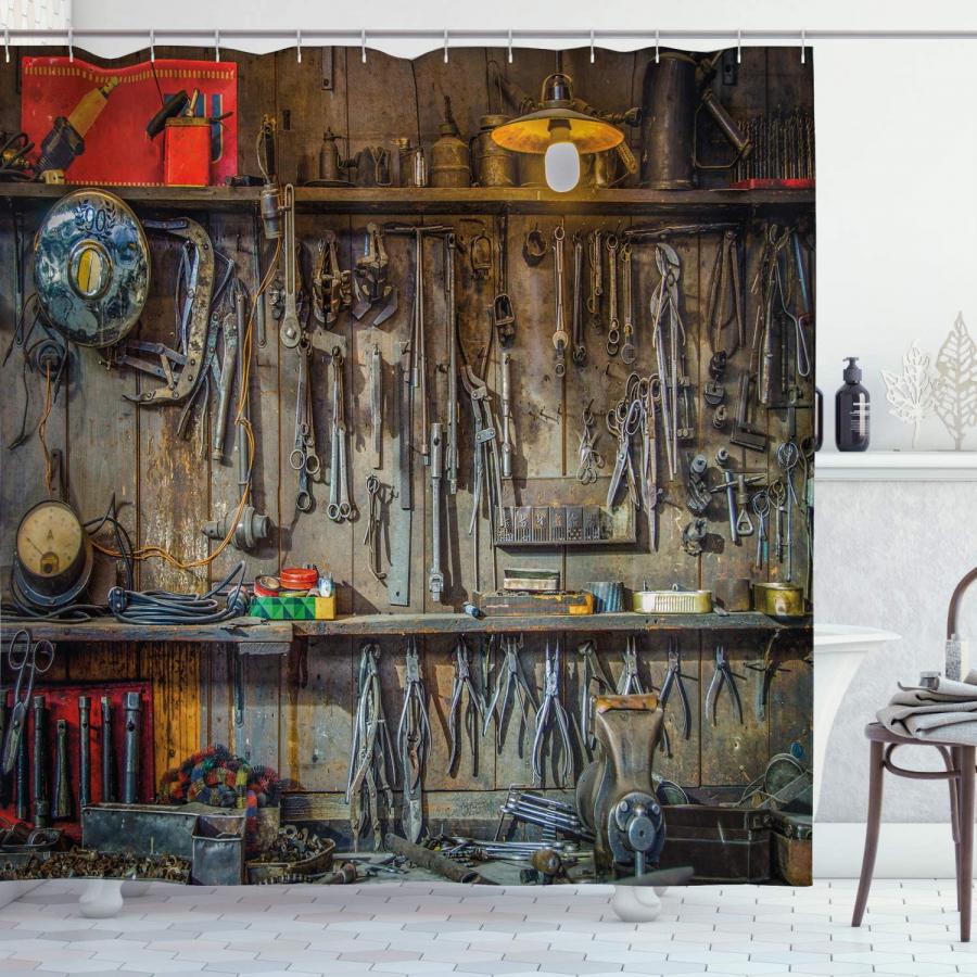 Garage wall filled with tools shower curtain