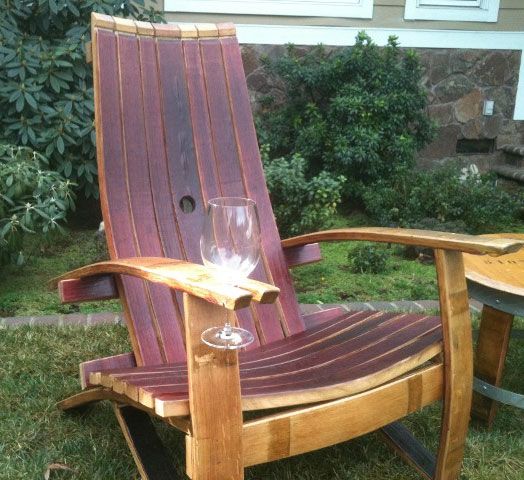Adirondack Chair Made From an Old Wine Barrel - Wooden Wine Glass holding chair - Wine slot chair