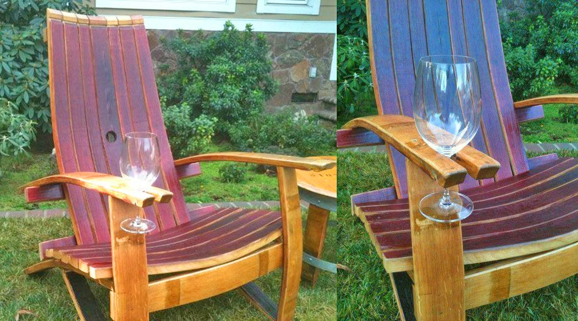 Adirondack Chair Made From an Old Wine Barrel - Wooden Wine Glass holding chair - Wine slot chair