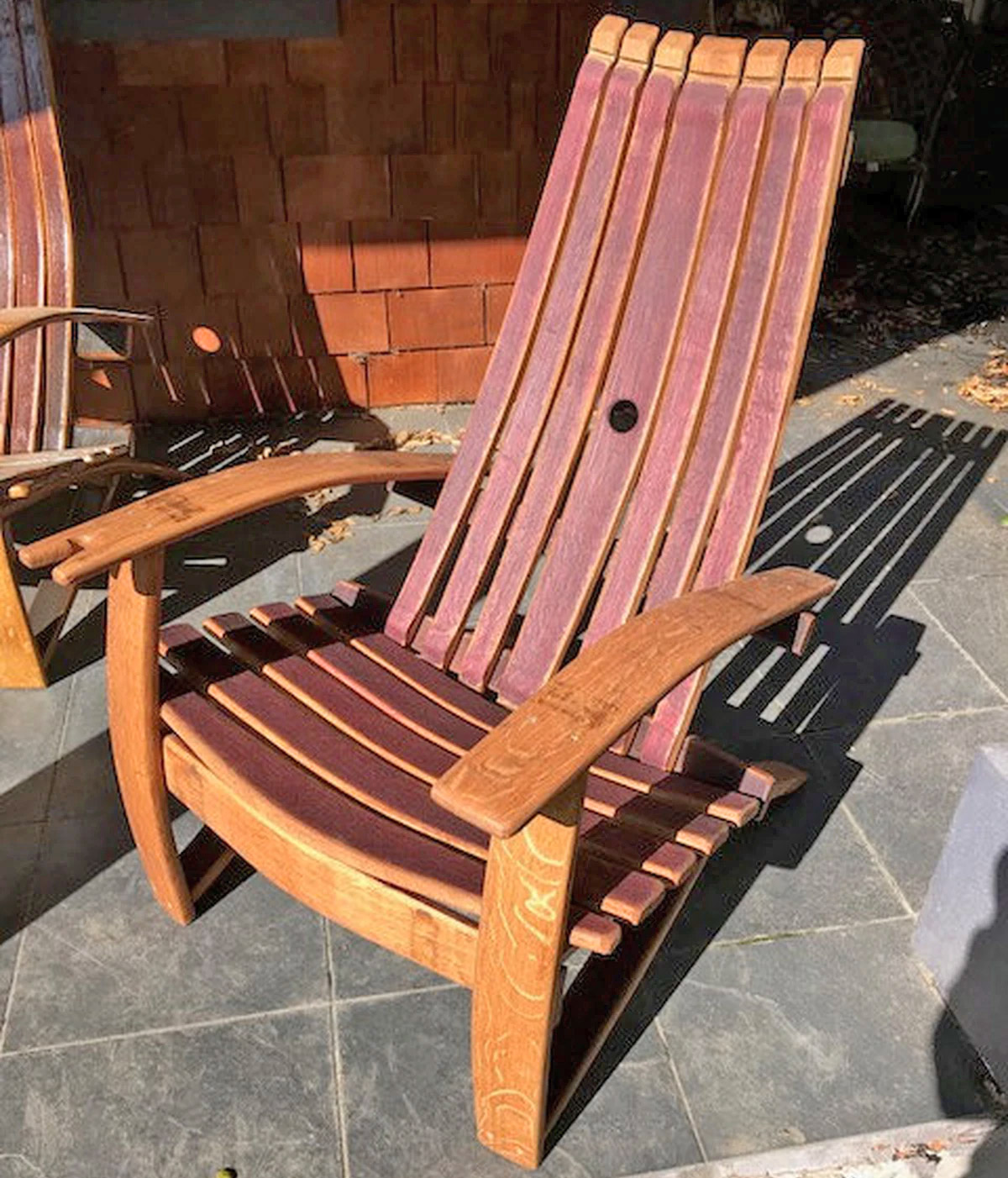 Adirondack Chair Made From an Old Wine Barrel - Wooden Wine Glass holding chair - Wine slot chair