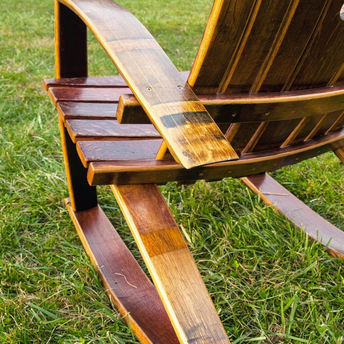 Adirondack Chair Made From an Old Wine Barrel - Wooden Wine Glass holding chair - Wine slot chair