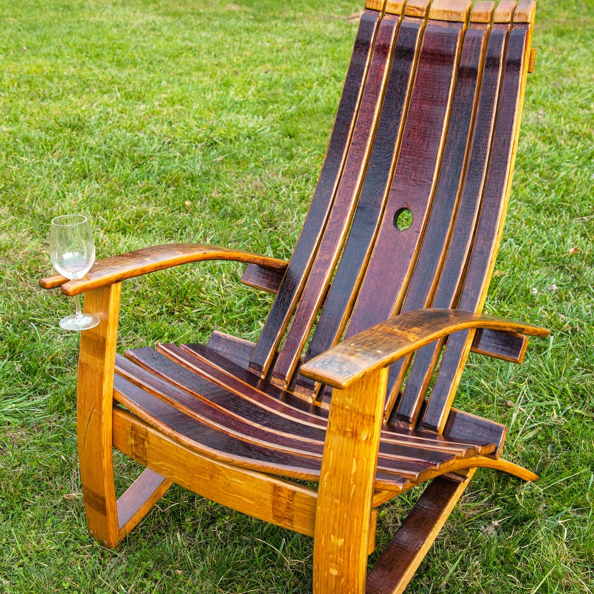 Adirondack Chair Made From an Old Wine Barrel - Wooden Wine Glass holding chair - Wine slot chair