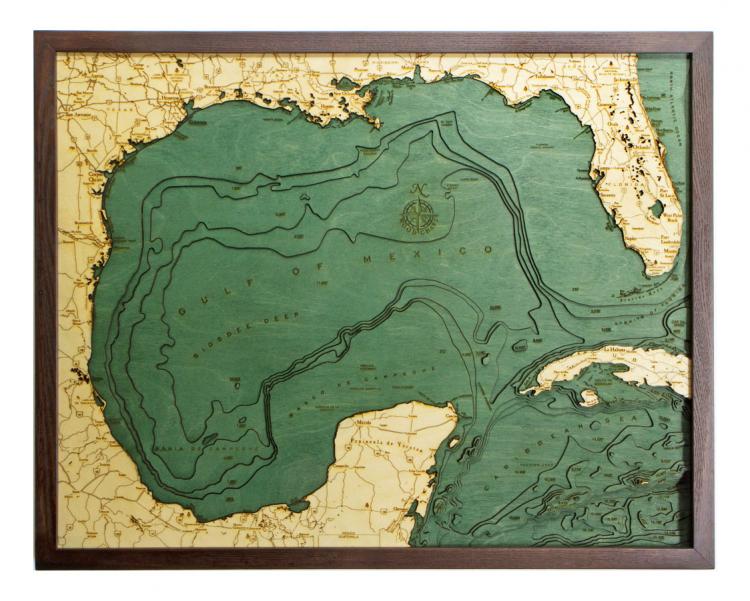 Bathymetric Wooden Layered Chart Map - Gulf