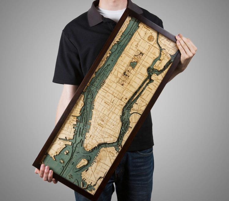 Bathymetric Wooden Layered Chart Map - Manhattan