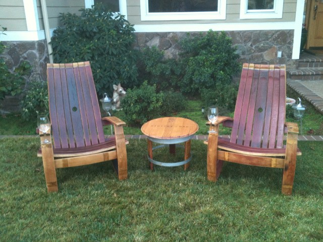 Adirondack Chair Made From an Old Wine Barrel - Wooden Wine Glass holding chair - Wine slot chair