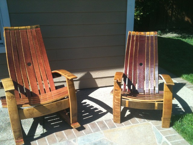 Adirondack Chair Made From an Old Wine Barrel - Wooden Wine Glass holding chair - Wine slot chair