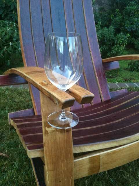 Adirondack Chair Made From an Old Wine Barrel - Wooden Wine Glass holding chair - Wine slot chair